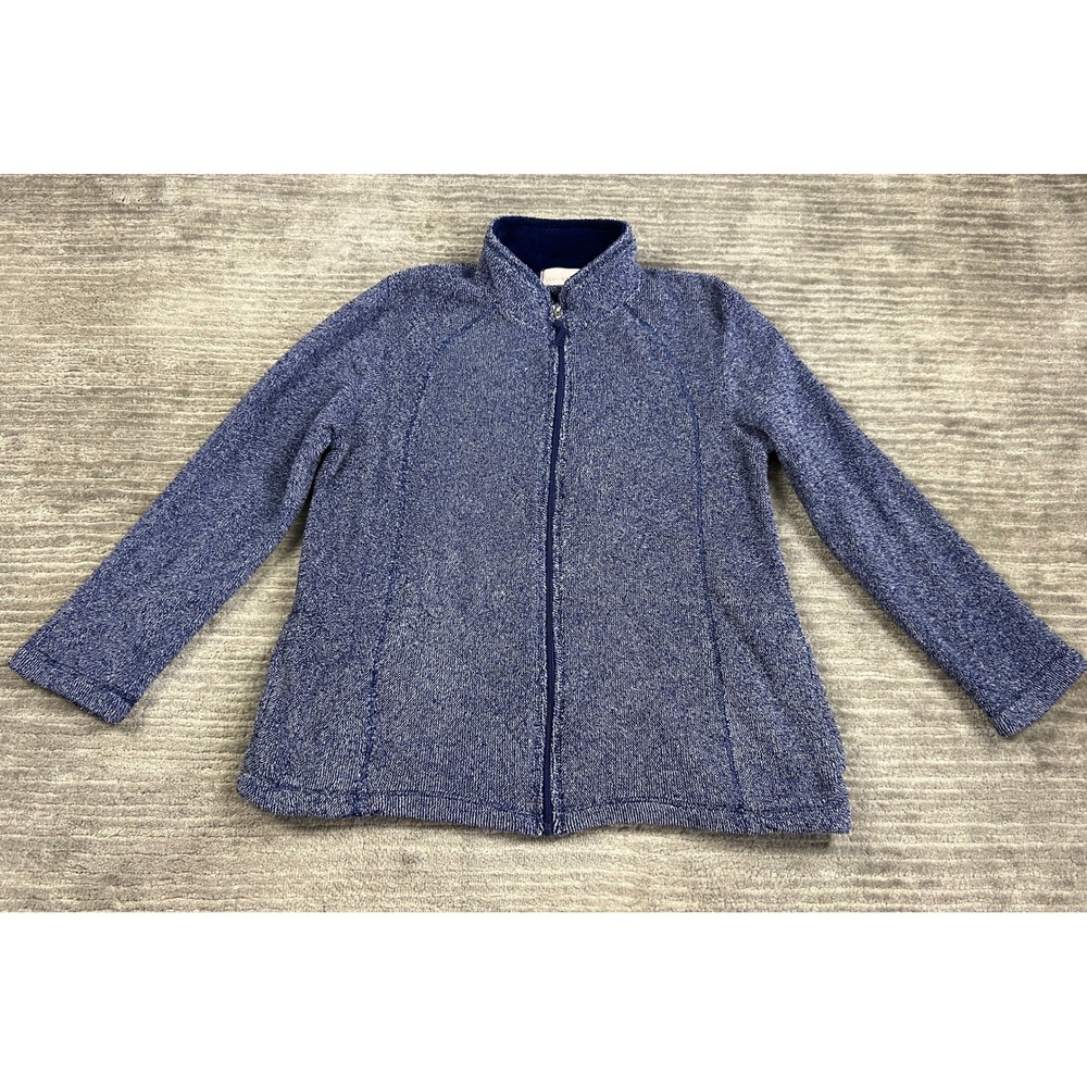 Stan Herman Jacket Womens Large Blue White Marled Fleece Zip Up Mock Neck Casual